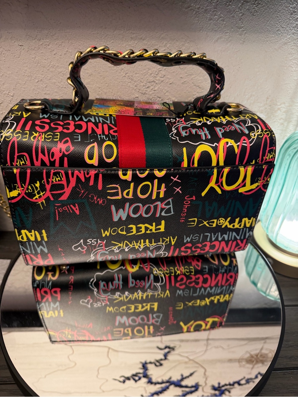 New Black Graphic Bee-Embellished Top-Handle Bag - Picture 3 of 4